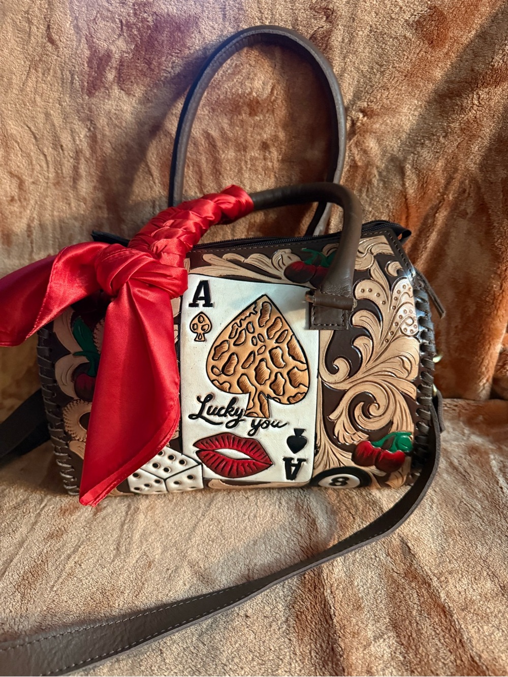 Source Unknown Multicolor Hand-Painted Women's Satchel with Red Scarf